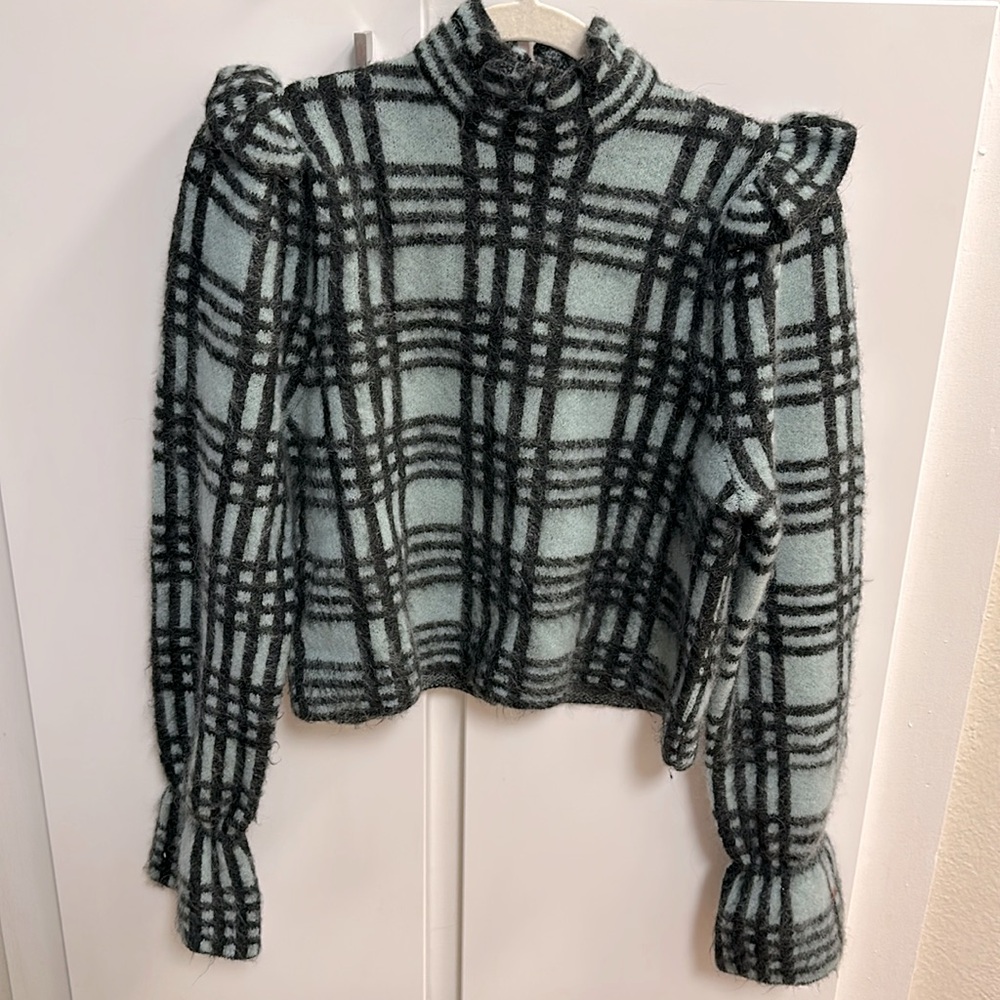Zara Plaid Ruffle Wool Mohair Blend Sweater